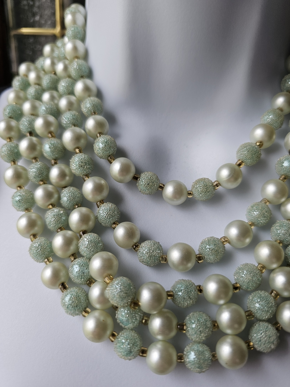 Vintage Costume Multi-Strand Mint and Pearl  Necklace with Matching Earrings